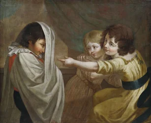 A Boy Wrapped in a Sheet Frightens Two Girls